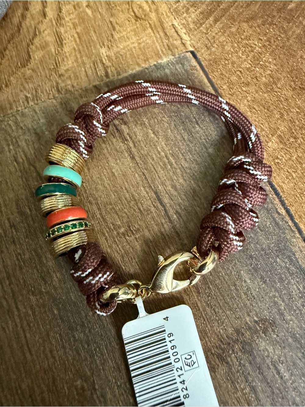 Roxanne Assoulin Brown Rope Bracelet with Turquoise Green and Coral Beads